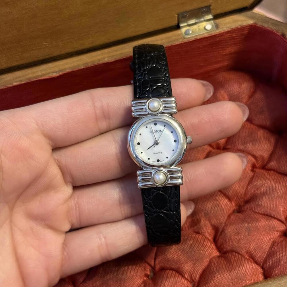 Vintage Croton Black Genuine leather & Mother of pearl Watch